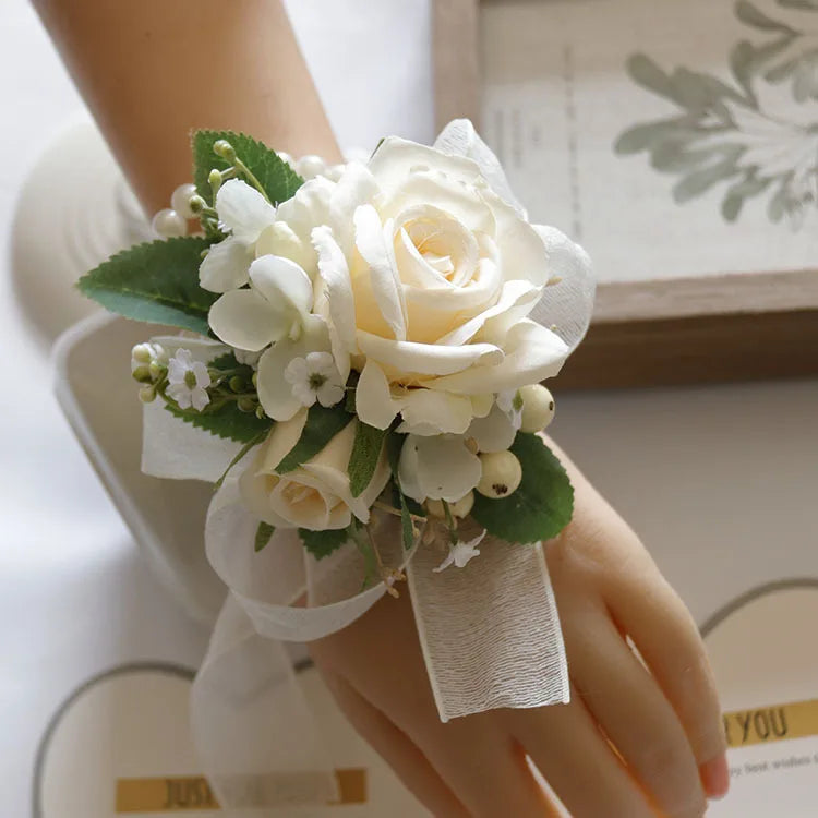 Ivory Wrist Corsage Bridesmaid Sisters Handmade Flower Artificial Silk Rose Bracelet Flowers For Wedding Dancing Party Decor