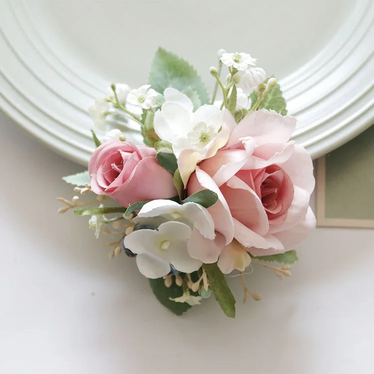 Ivory Wrist Corsage Bridesmaid Sisters Handmade Flower Artificial Silk Rose Bracelet Flowers For Wedding Dancing Party Decor