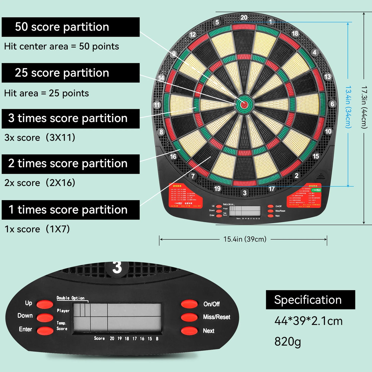 CyeeLife 15.5in Electronic Dart board set with LED,32Games and Multi player play Home Office Bar Outdoor Professional