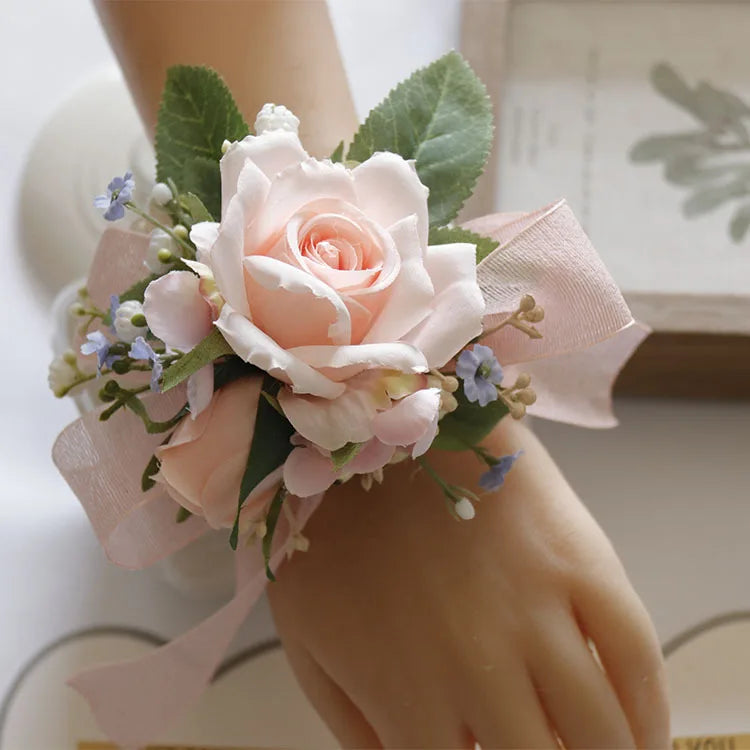 Ivory Wrist Corsage Bridesmaid Sisters Handmade Flower Artificial Silk Rose Bracelet Flowers For Wedding Dancing Party Decor