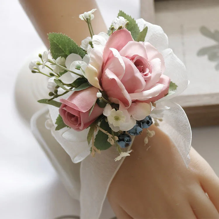 Ivory Wrist Corsage Bridesmaid Sisters Handmade Flower Artificial Silk Rose Bracelet Flowers For Wedding Dancing Party Decor