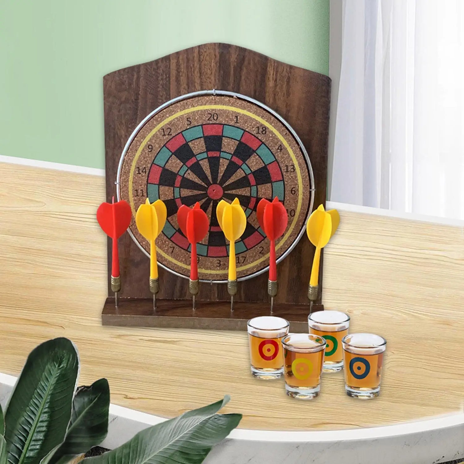 Wooden Dart Board Set 6 Darts Miniature Desk Top Darts for Fun Party Outdoor