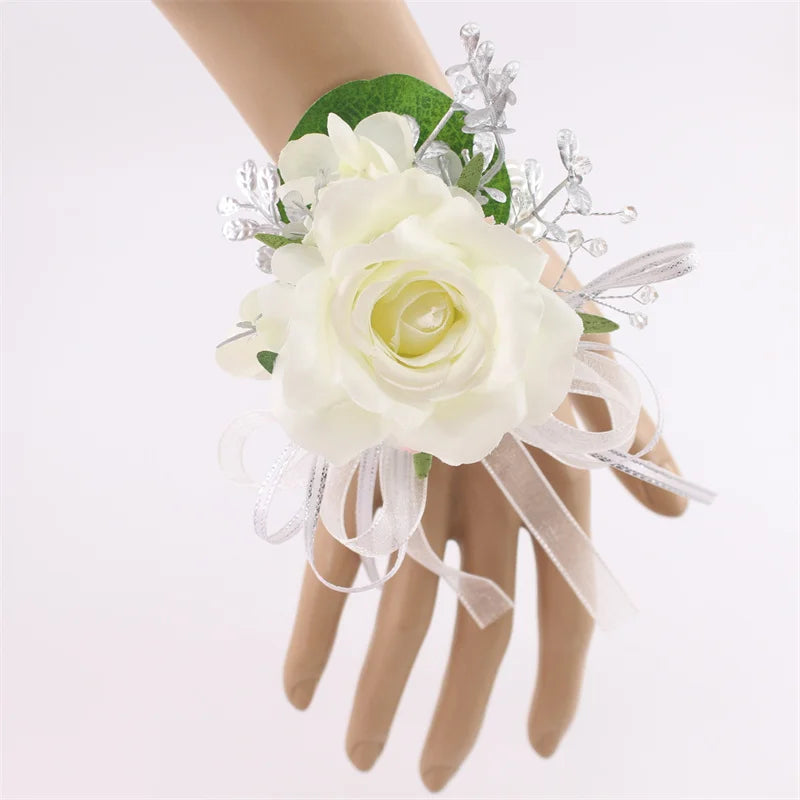 Ivory Wrist Corsage Bridesmaid Sisters Handmade Flower Artificial Silk Rose Bracelet Flowers For Wedding Dancing Party Decor