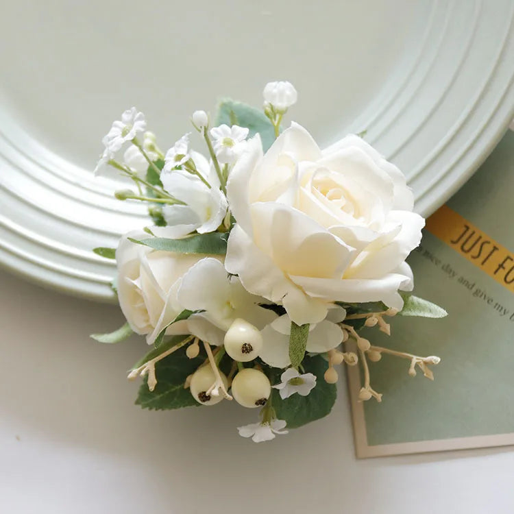 Ivory Wrist Corsage Bridesmaid Sisters Handmade Flower Artificial Silk Rose Bracelet Flowers For Wedding Dancing Party Decor