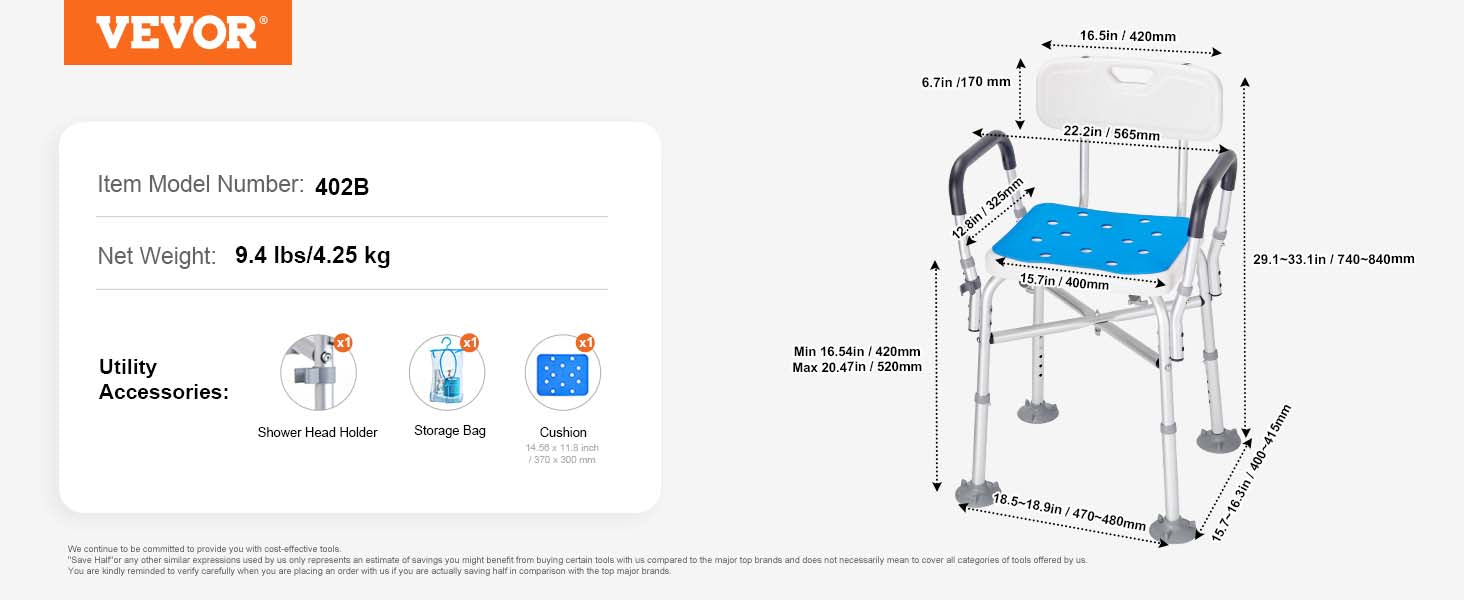 VEVOR Shower Chair Seat Adjustable Height Bench Bath Chair for Elderly Disabled Shower Chair for Inside Shower Bathtub 400/350lb