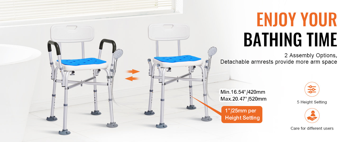 VEVOR Shower Chair Seat Adjustable Height Bench Bath Chair for Elderly Disabled Shower Chair for Inside Shower Bathtub 400/350lb