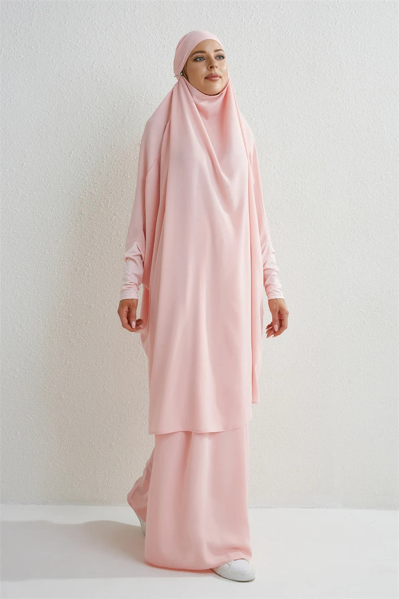 Muslim Sets Two Pieces Prayer Clothing Long Hooded Smocking Sleeve Shirts Hijab Loose Maxi Skirts Elastic Waist Women Abaya Sets