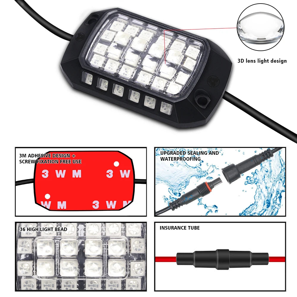 Rock Lights Remote APP Control RGB 3D Lens LED for Offroad RZR SUV ATV UTV Jeep Neon Underbody Undergolw Car Chassis Light