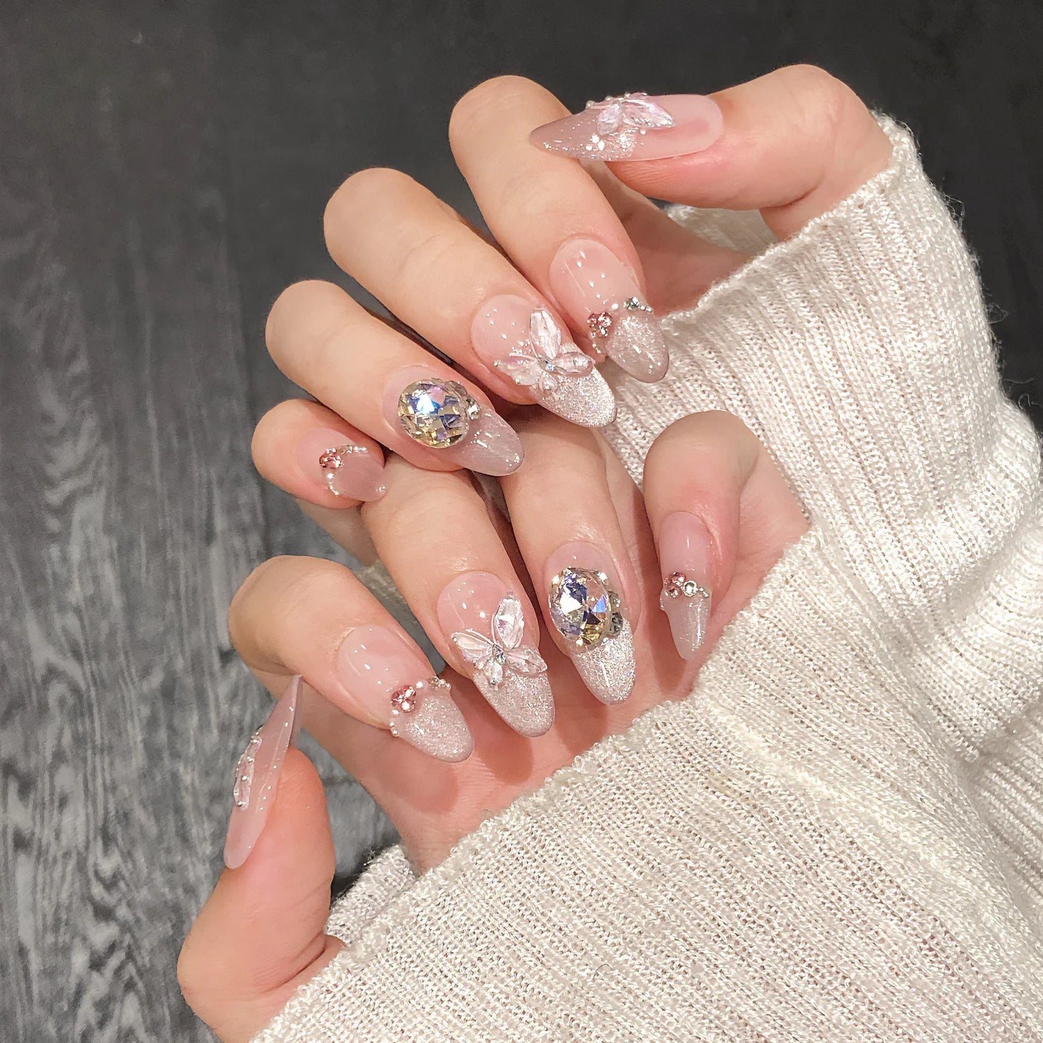 10Pcs Reuse Finished Fake Nails with Butterfly Deisgn Pink Cat's Eye French Handmade Press on False Nails Wearable Nail Art Tips