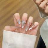 10Pcs Reuse Finished Fake Nails with Butterfly Deisgn Pink Cat's Eye French Handmade Press on False Nails Wearable Nail Art Tips