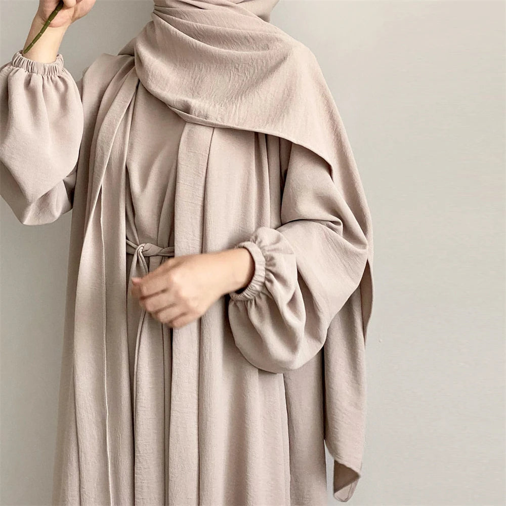 New Abaya Set Crinkle Fabric Open Abaya+Inner Long Dress Islamic Clothing Muslim Women Dresses Set Turkish Kaftan Ramadan Eid