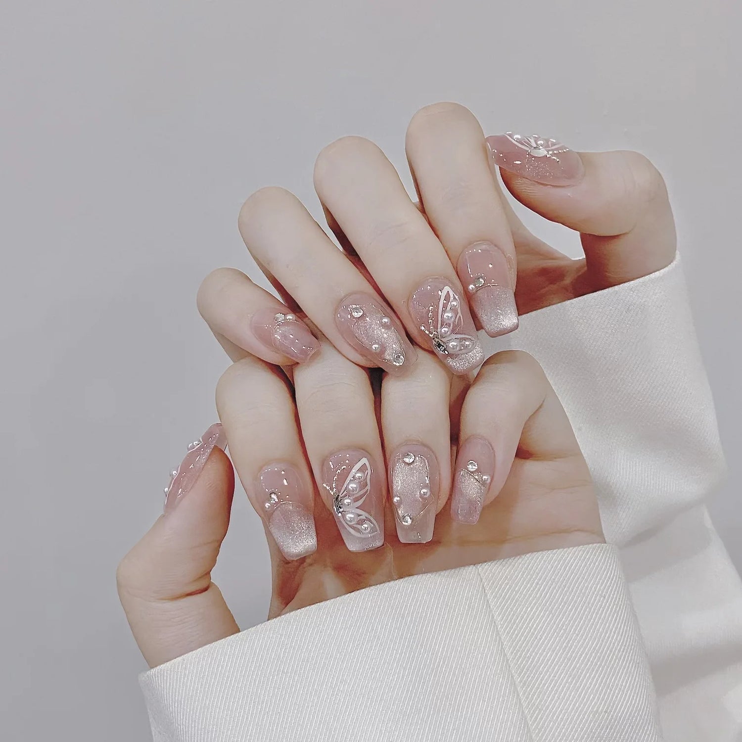 10Pcs Reuse Finished Fake Nails with Butterfly Deisgn Pink Cat's Eye French Handmade Press on False Nails Wearable Nail Art Tips