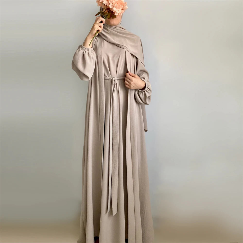 New Abaya Set Crinkle Fabric Open Abaya+Inner Long Dress Islamic Clothing Muslim Women Dresses Set Turkish Kaftan Ramadan Eid