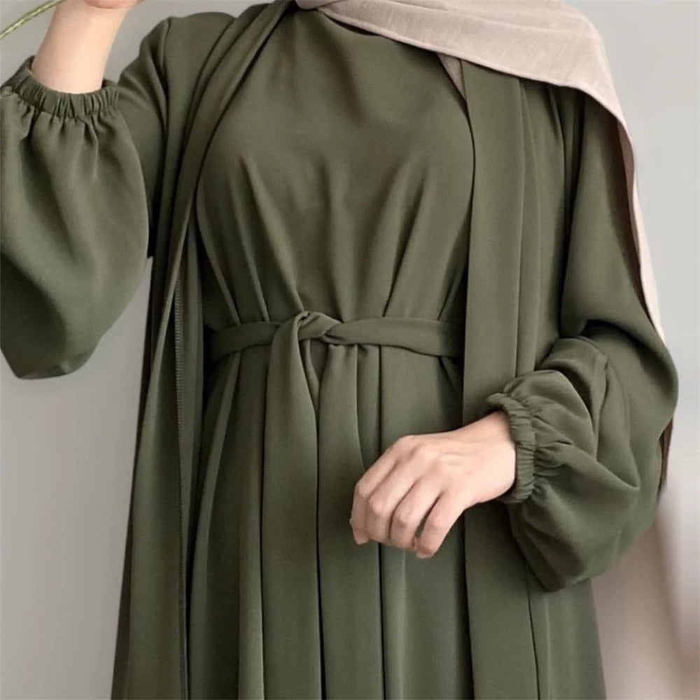 New Abaya Set Crinkle Fabric Open Abaya+Inner Long Dress Islamic Clothing Muslim Women Dresses Set Turkish Kaftan Ramadan Eid