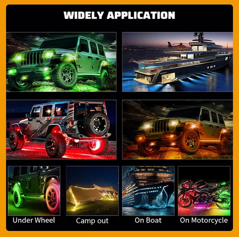 Rock Lights Remote APP Control RGB 3D Lens LED for Offroad RZR SUV ATV UTV Jeep Neon Underbody Undergolw Car Chassis Light