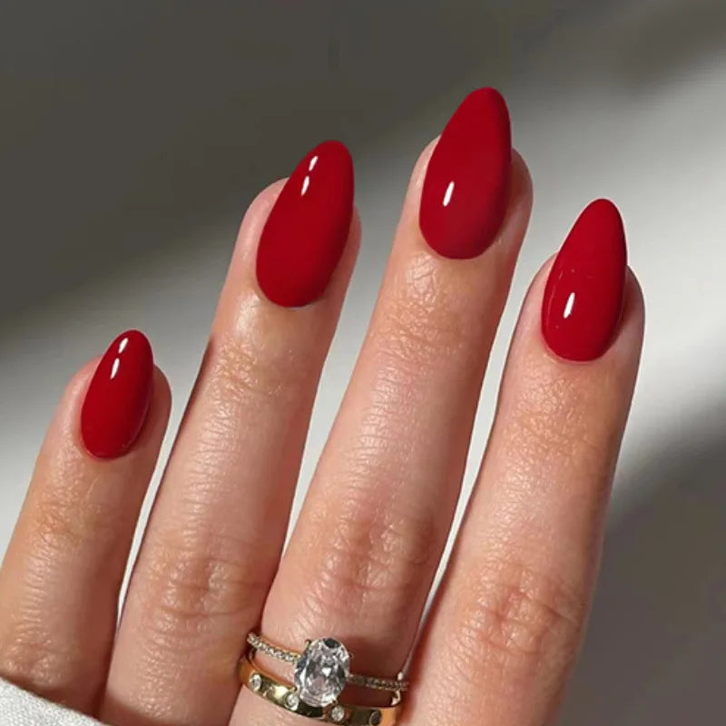 24Pcs Simple Wine Red Fake Nail with Glue Mid-length Almond Press on False Nails Wearable Round Head Oval Full Cover Nail Tips