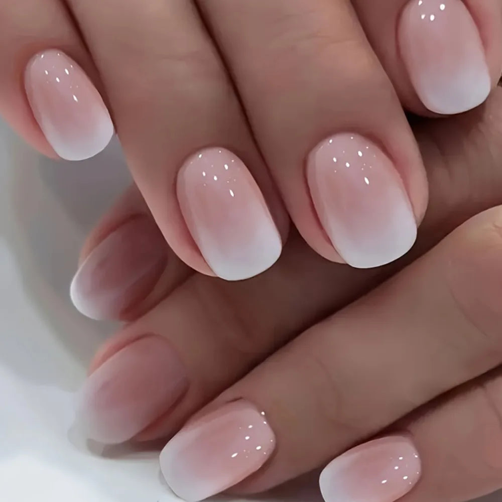 24Pcs Simple Square Head Fake Nail with Jelly Glue Pink White Gradient French Press on False Nails Short Full Cover Nail Tips