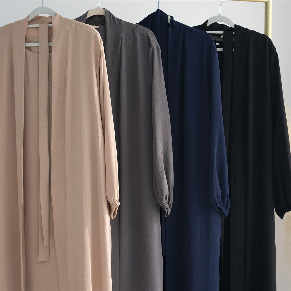 New Abaya Set Crinkle Fabric Open Abaya+Inner Long Dress Islamic Clothing Muslim Women Dresses Set Turkish Kaftan Ramadan Eid
