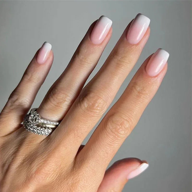 24Pcs Simple Square Head Fake Nail with Jelly Glue Pink White Gradient French Press on False Nails Short Full Cover Nail Tips