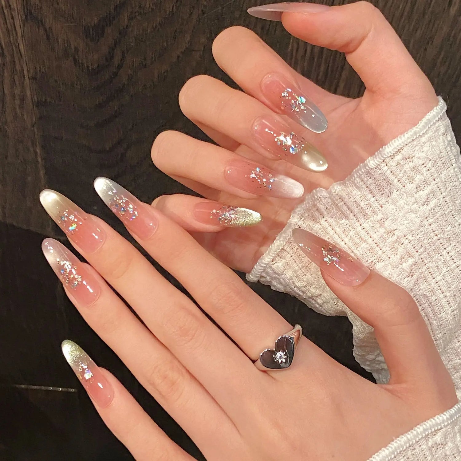10Pcs Reuse Finished Fake Nails with Butterfly Deisgn Pink Cat's Eye French Handmade Press on False Nails Wearable Nail Art Tips