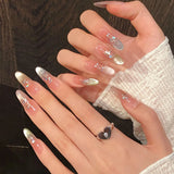 10Pcs Reuse Finished Fake Nails with Butterfly Deisgn Pink Cat's Eye French Handmade Press on False Nails Wearable Nail Art Tips