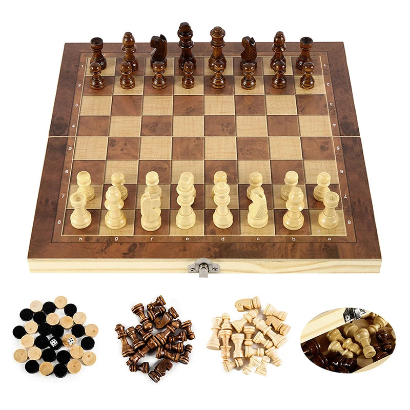 International Chess 3-in-1 Wooden Chess Set Toy Educational Brain Training Folding Board Game for Children High-end Gift