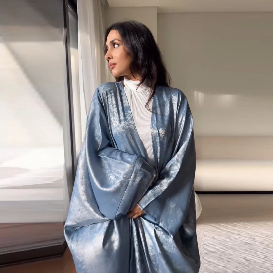 Shiny Party Abaya Ramadan Eid Batwing Satin Open Kimono Dubai Luxury Muslim Damen Abayas For Women Kaftan Dress Islamic Clothing