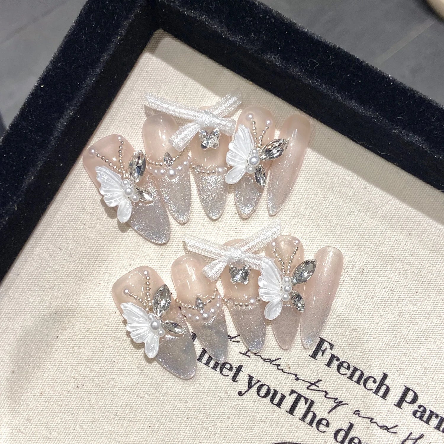10Pcs Reuse Finished Fake Nails with Butterfly Deisgn Pink Cat's Eye French Handmade Press on False Nails Wearable Nail Art Tips