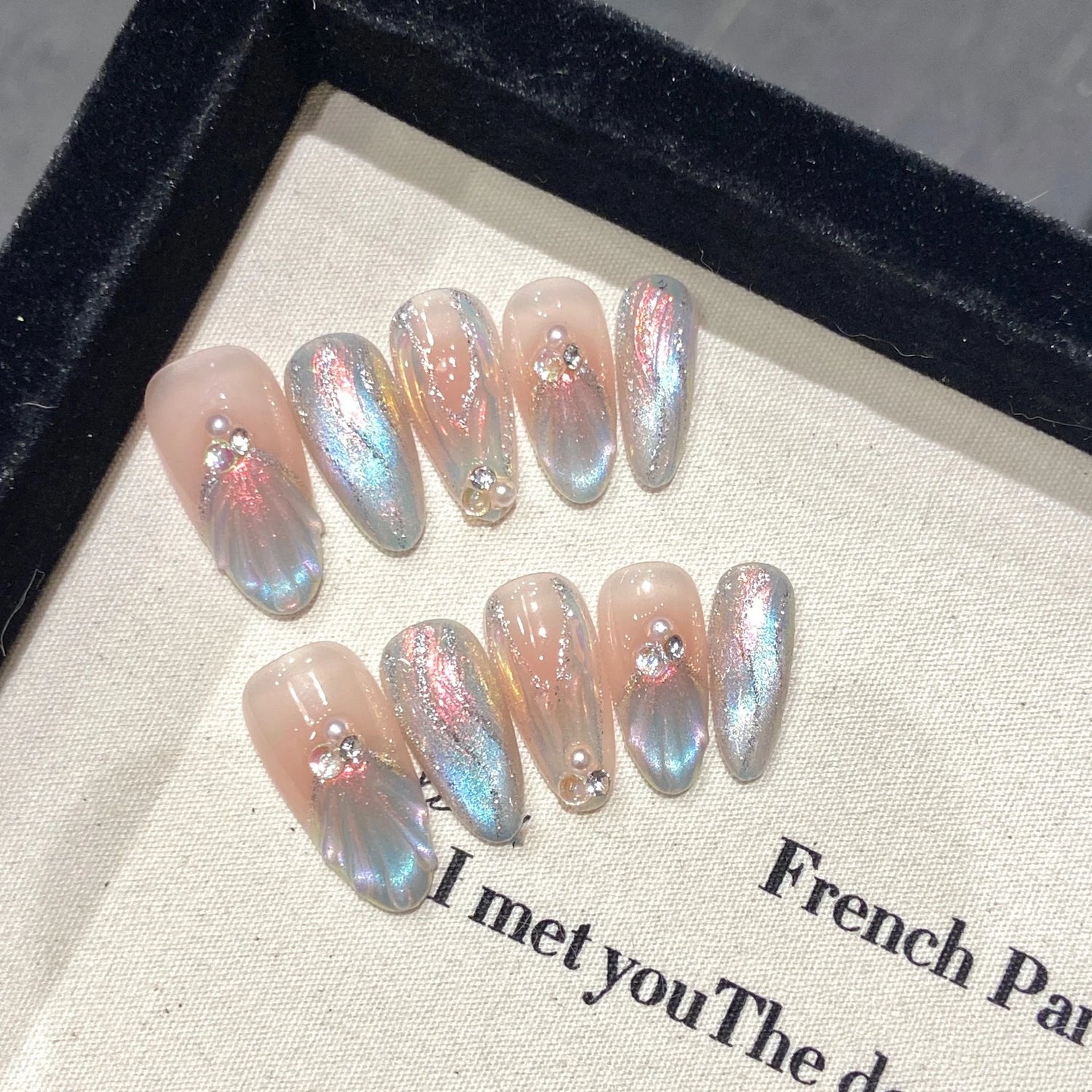 10Pcs Reuse Finished Fake Nails with Butterfly Deisgn Pink Cat's Eye French Handmade Press on False Nails Wearable Nail Art Tips