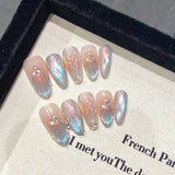 10Pcs Reuse Finished Fake Nails with Butterfly Deisgn Pink Cat's Eye French Handmade Press on False Nails Wearable Nail Art Tips