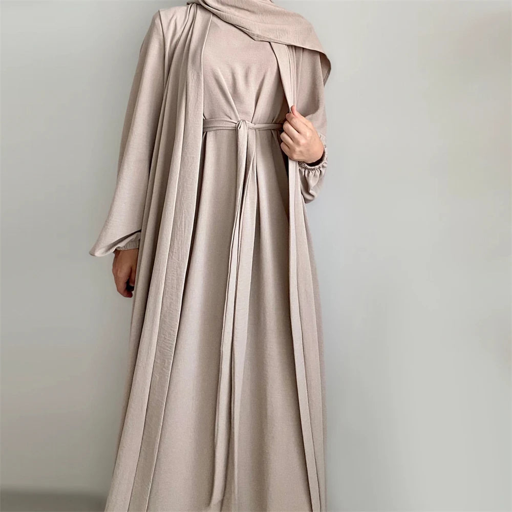 New Abaya Set Crinkle Fabric Open Abaya+Inner Long Dress Islamic Clothing Muslim Women Dresses Set Turkish Kaftan Ramadan Eid