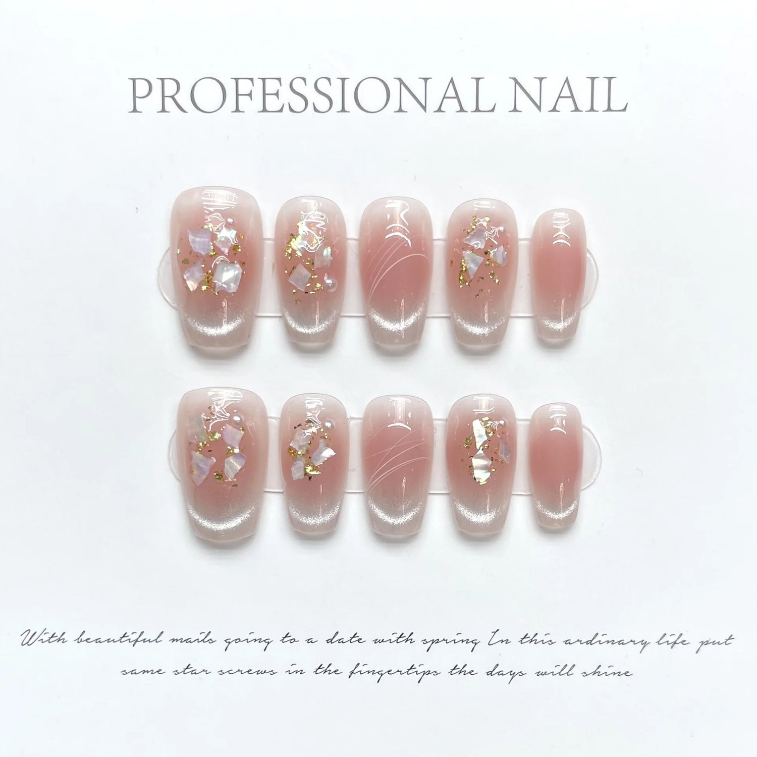10Pcs Reuse Finished Fake Nails with Butterfly Deisgn Pink Cat's Eye French Handmade Press on False Nails Wearable Nail Art Tips