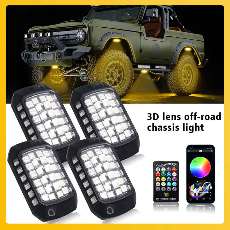 Rock Lights Remote APP Control RGB 3D Lens LED for Offroad RZR SUV ATV UTV Jeep Neon Underbody Undergolw Car Chassis Light