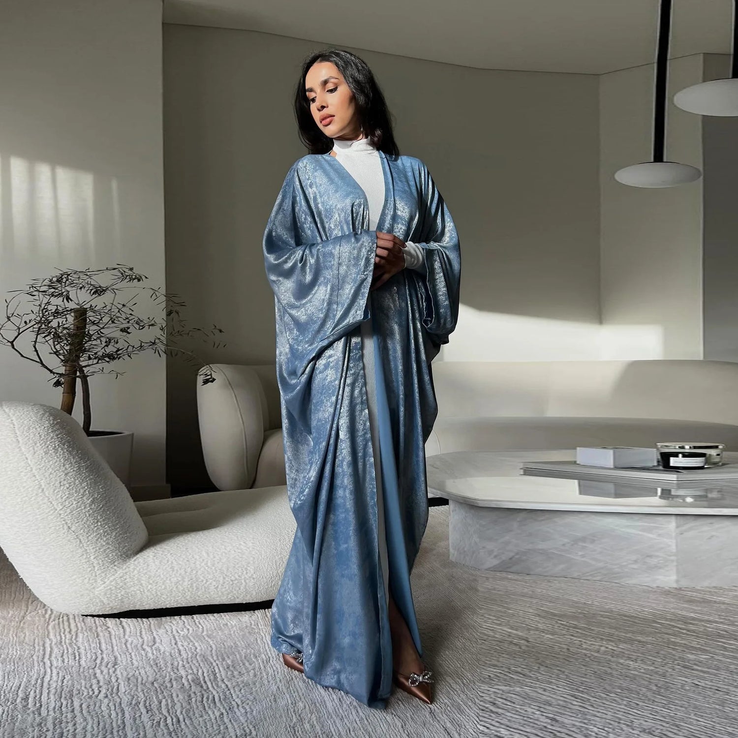 Shiny Party Abaya Ramadan Eid Batwing Satin Open Kimono Dubai Luxury Muslim Damen Abayas For Women Kaftan Dress Islamic Clothing